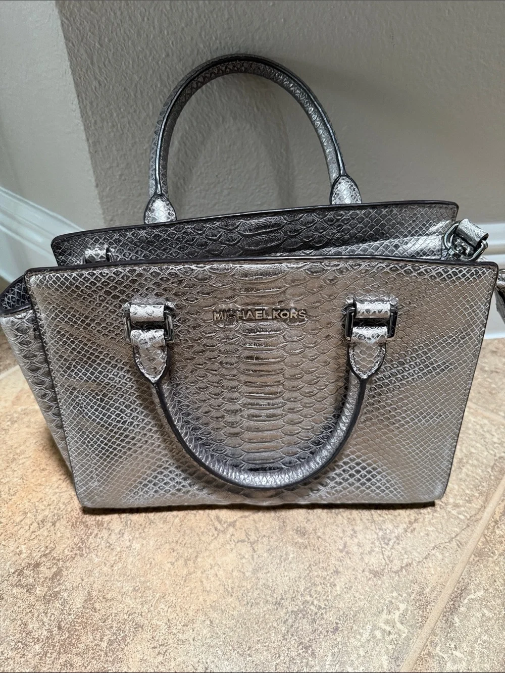 Michael Kors Metallic Silver Embossed Satchel